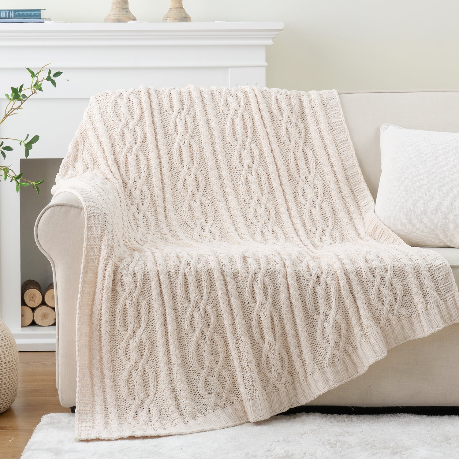 Battilo Cream Chenille Knit Throw Blanket, Textured Woven Decorative Blanket for Couch Bed,51"x67"