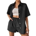 thumbnail image 2 of Short Sets for Women Waffle Knit Loose Fit Short Sleeve Button Down Collared Shirt and Shorts 2 Piece Matching Set, 2 of 6