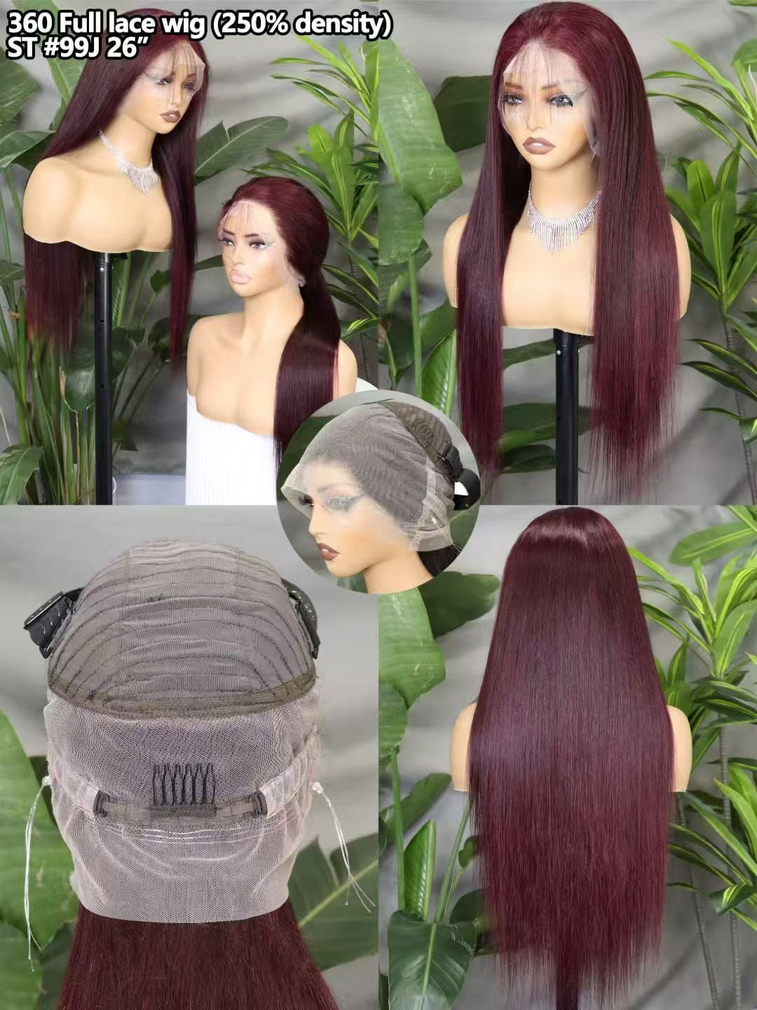 Hidden Strap Straight 360 Full Lace Front Wig Human Hair Glueless Wigs 26inch Pre Plucked 250% Density 99j Color Wig With Drawstring HD Full Lace Human Hair Wigs 26Inch