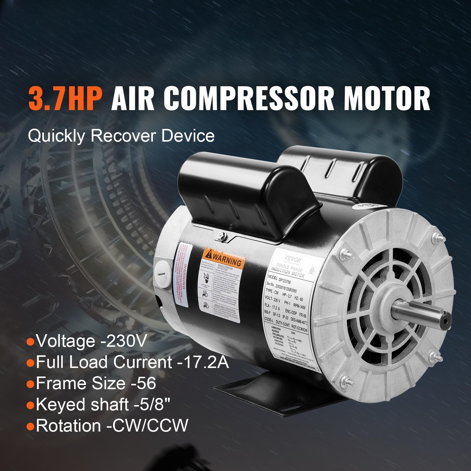 BENTISM 3.7HP Air Compressor Electric Motor, 230V 17.2Amps, 56 Frame 3450RPM, 5/8" Keyed Shaft, CW/CCW Rotation, 1.88" Shaft Length for Air Compressors Has Obtained CSA Certification - image 2 of 9