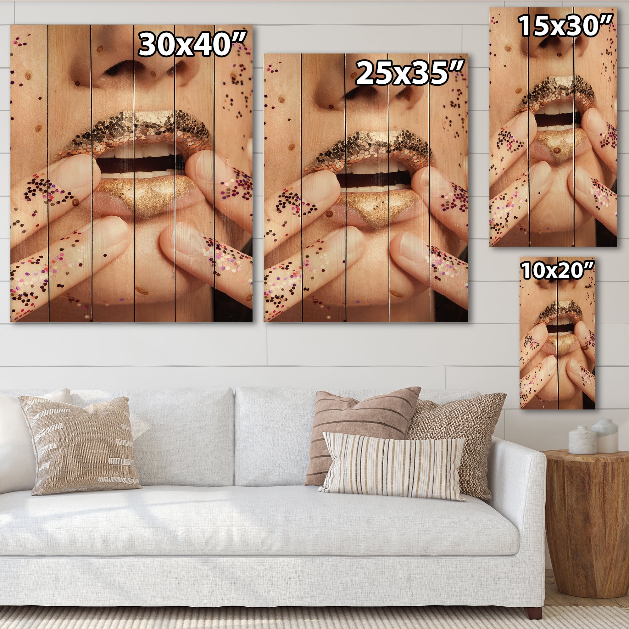 Designart 'Female With Golden Lips and Glitter On Her Hands' Modern Print on Natural Pine Wood