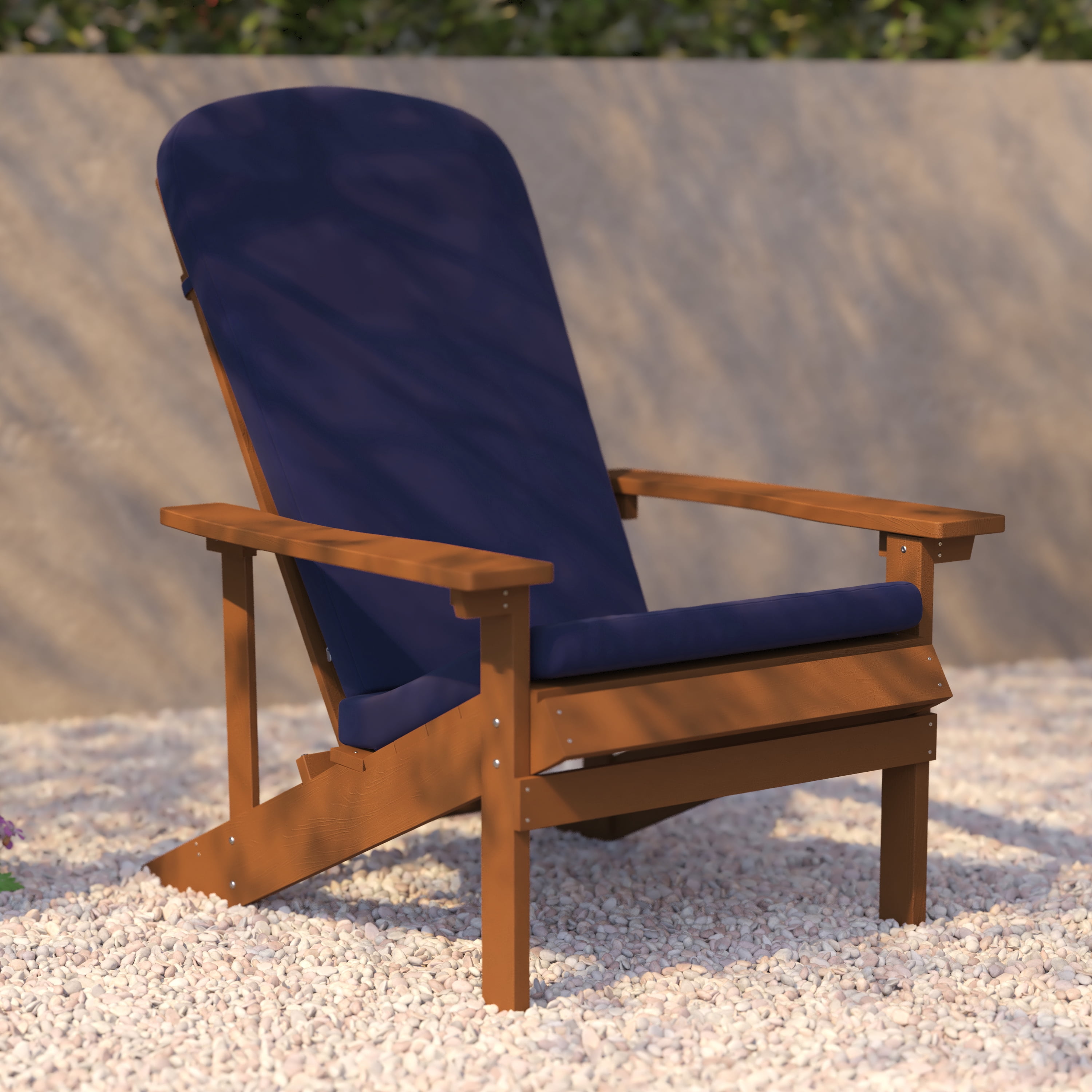 BizChair Set of 2 All-Weather Poly Resin Wood Adirondack Chairs in Teak with Blue Cushions for Deck, Porch, and Patio