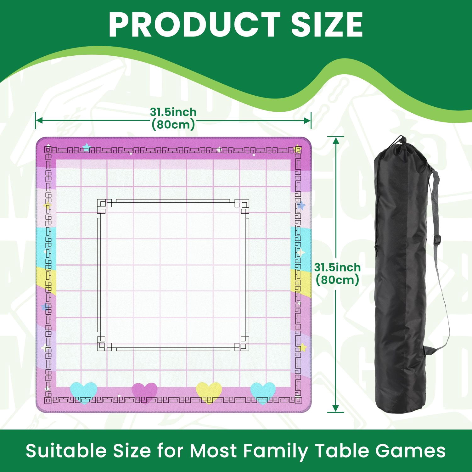 Mahjong Mat 31.5" x 31.5" Pastel Rainbow Heart Themed Grid Design Stars Clouds Non-Slip Noise Reduction American Mahjong Tiles Table Cover for Dominoes Poker Card Board Games Gift