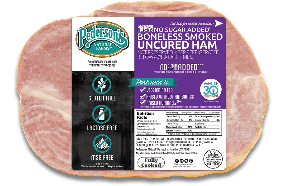 Pedersons Farms, No Sugar Spiral Sliced Boneless Uncured Half Easter Ham (5 lb. Average, About 8 Servings)