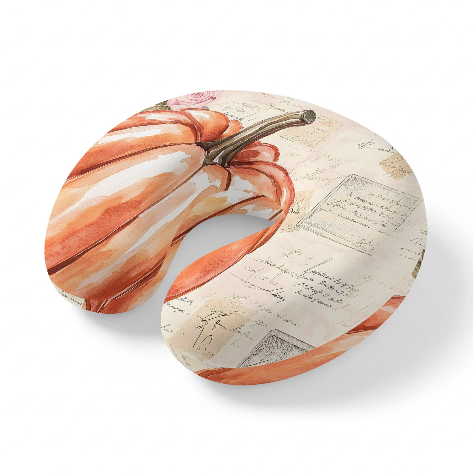 Neck Pillow for Travel Fall Thanksgiving Orange Pumpkin Memory Foam U Shaped Pillows Portable Headrest Flower Vintage Letter Neck Head Support Cushion for Home Office Car Airplane Sleeping