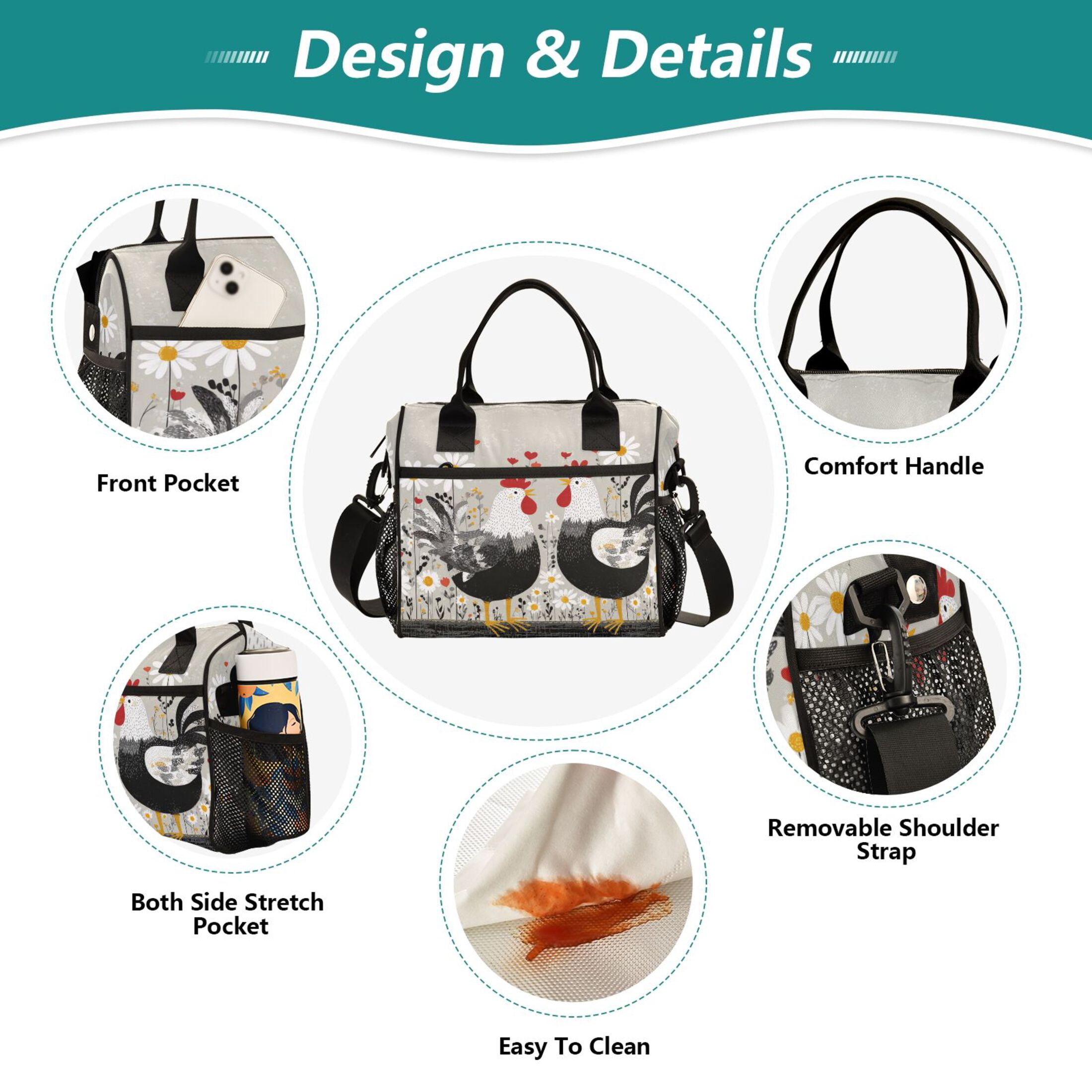 Large Insulated Lunch Bags for Women Men Leakproof Thermal Meal Lunch Tote Bag for Office Work Picnic Travel Black and White Chick 12L