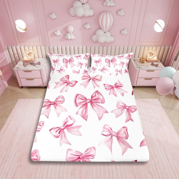 Kawaii Bowknot Girls Bedding Set Dreamy Princess Style Bed Sheets Full For Kids Teen Women,Girly Cute Bow Sheet Set Pink Bow Tie Bed Sheet Set 4 Piece Bedroom Decor