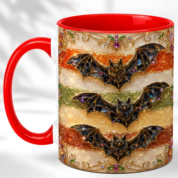 Ornate Bat Coffee Mug, Gothic Halloween Mug, Ceramic 11 oz
