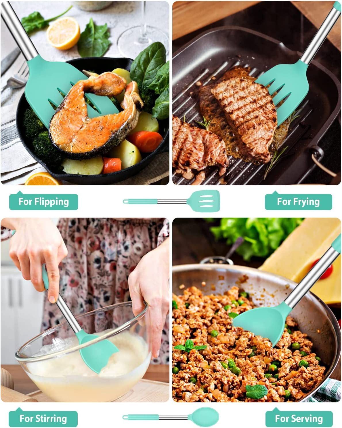 Bundlepro 4 Pack Silicone Home Kitchen Cooking Utensils Set, Solid Slotted Spatulas Spoons, Green