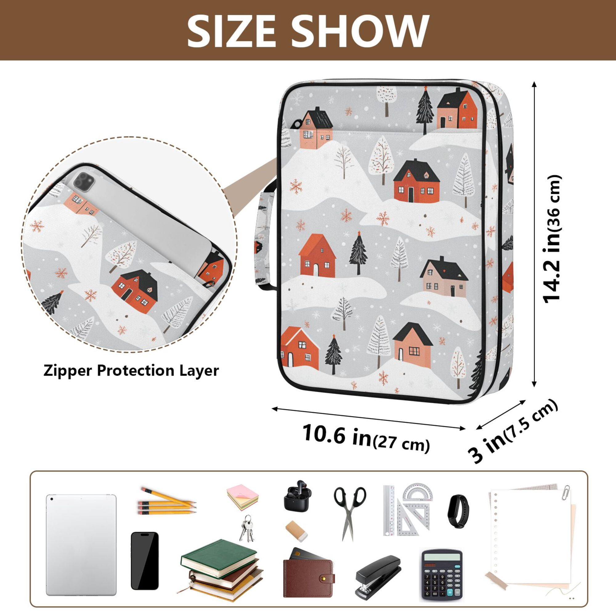 FORMRS Accordion File Folder A4 Size 7-Pocket Expanding Document Organizer Bag with 3 Ring Binder, Cartoon Red Houses