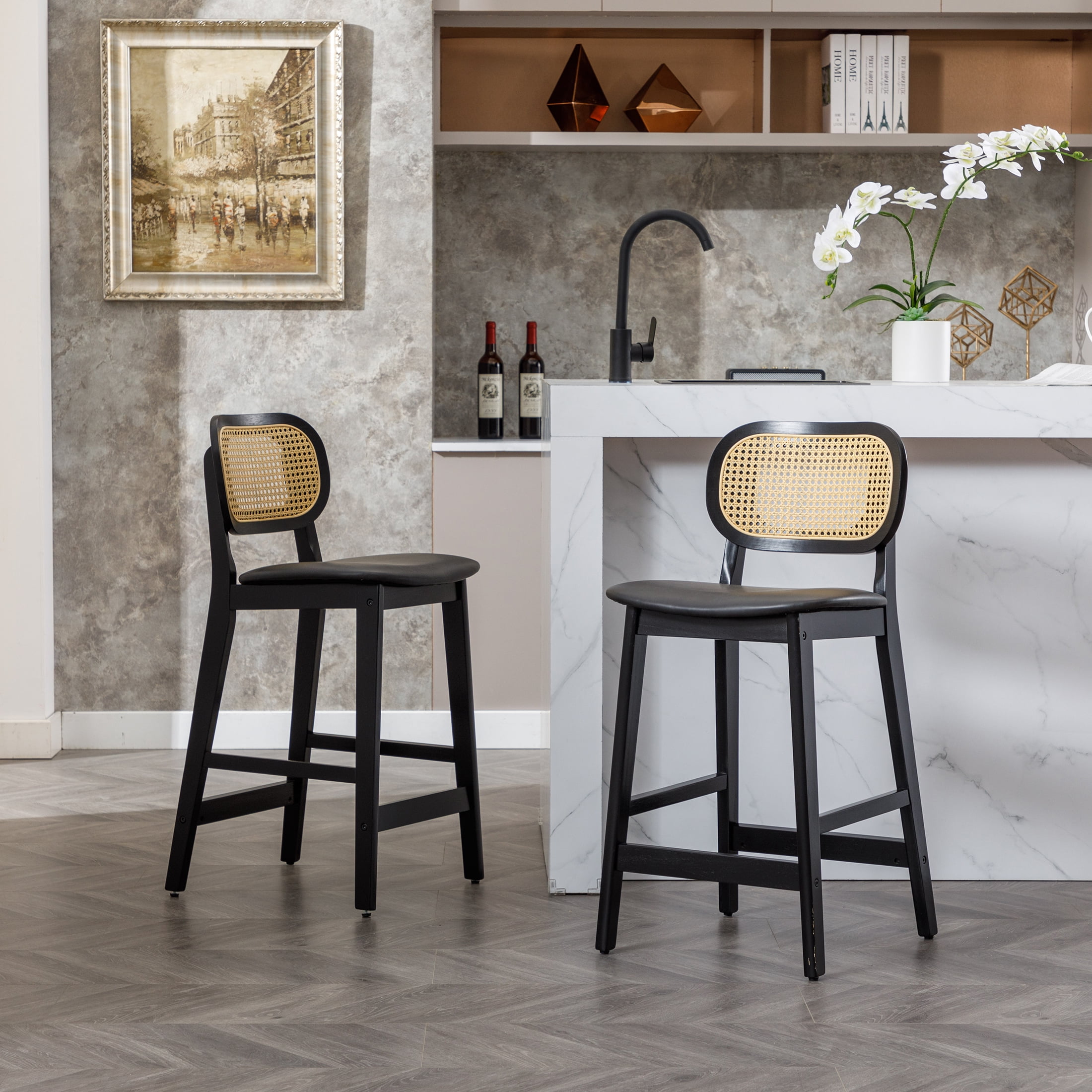 Guyou Rattan Counter Height Bar Stools Set of 2, Mid-Century Modern Wooden Farmhouse Bar Stools, Faux Leather Upholstered Kitchen Island Barstools for Breakfast Bar Bistro, Black