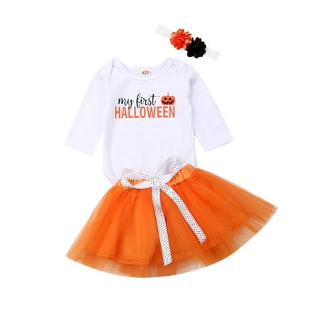 My First Halloween Newborn Infant Baby Girl Dress Clothes Long Sleeve Pumpkin Romper Tutu Short Skirt Dress Outfits Clothes Set