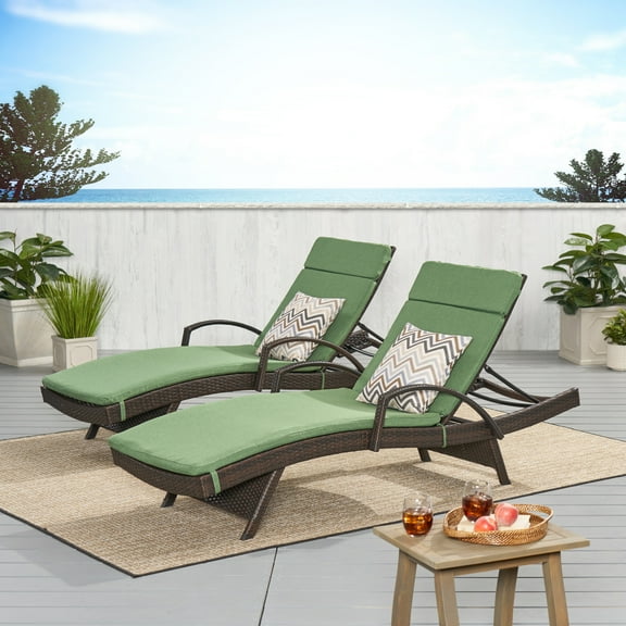 Anthony Outdoor Wicker Adjustable Chaise Lounge with Arms and Cushion, Set of 2, Multibrown, Jungle Green