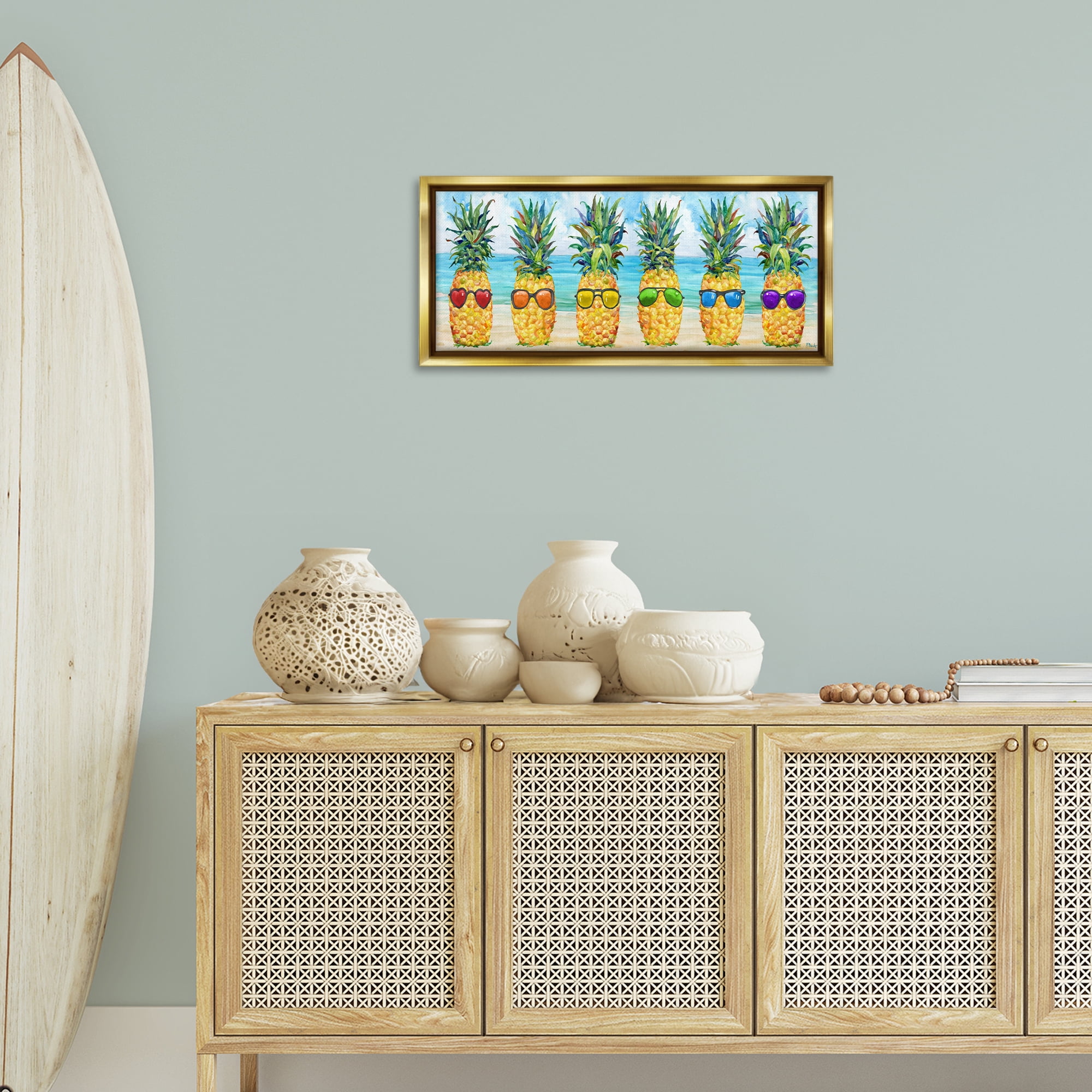 Stupell Industries Rainbow Beach Pineapples Food & Beverage Painting Gold Floater Framed Canvas Art Print Wall Art, 31 x 14