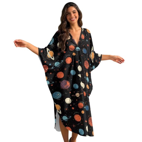 SEANATIVE Caftans for Women Beach Cover Up Swimsuit Coverups Swimwear Kaftan Dresses Long Caftans Plus Size Batwing Sleeve Swimsuit Coverup V Neck Summer Beach Dress, Planet Pattern Black