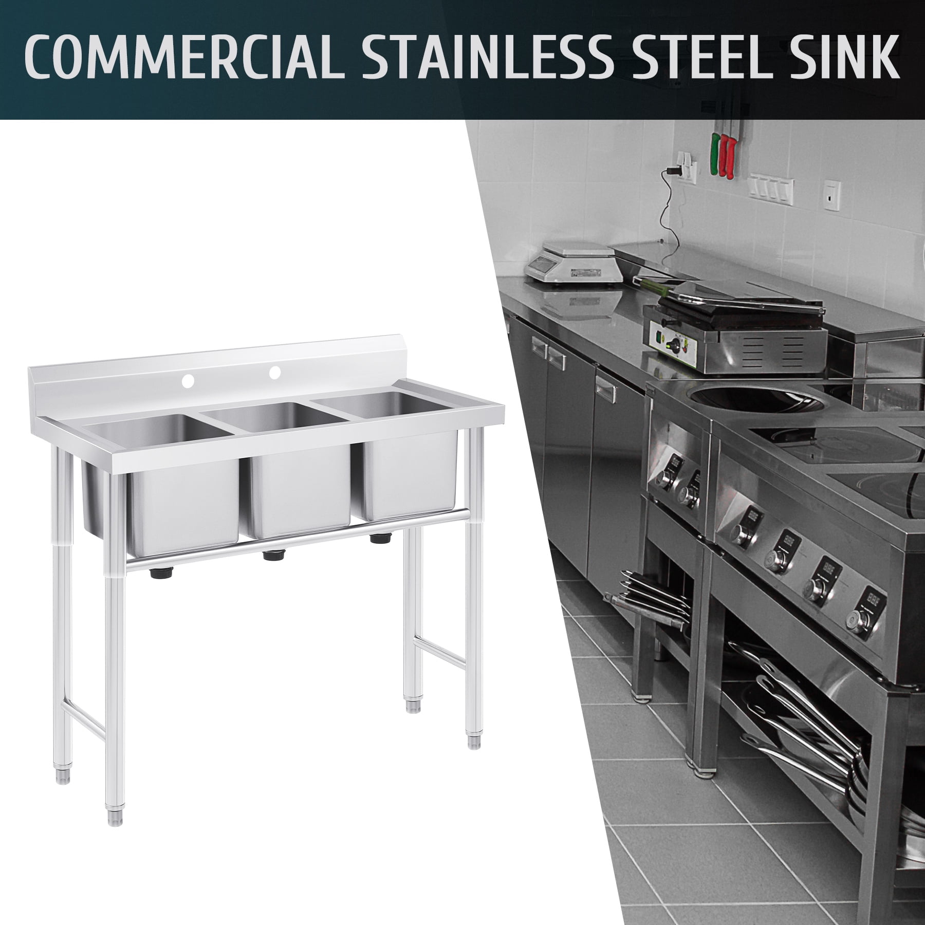 Wilprep Dishwashing Sink w Backsplash Heavy Duty Water Basins More 3 Compartments