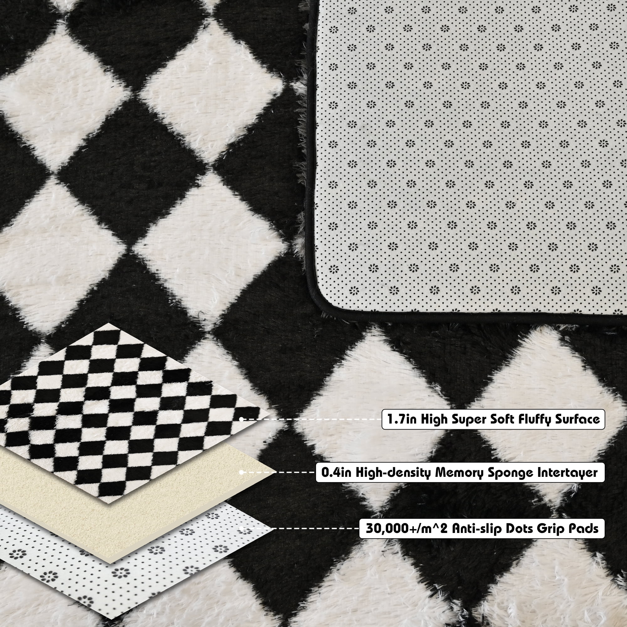 Pentantan 5’x 8’ Shag Area Rugs, Soft Fluffy Modern Checkered Indoor Carpet for Living Room Bedroom, Black & White