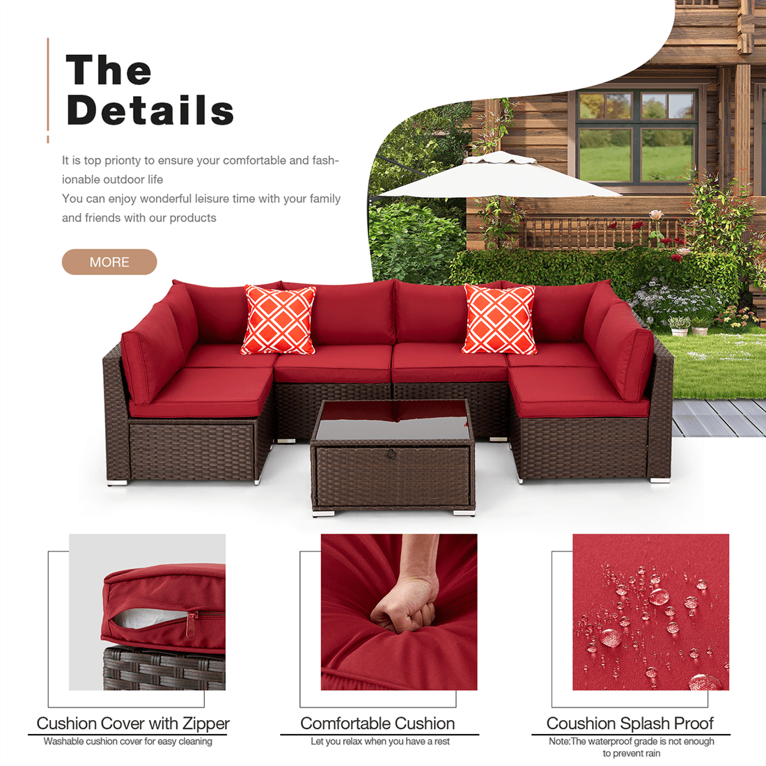 Orol 7-Piece Outdoor Sectional Wicker Patio Furniture Conversation Sofa Set, Wine Red