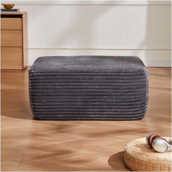 JERFIT Modern Plush Corduroy Ottoman with Chaise, Grey Fabric Foam Spring Footrest Stool for Living Room, No Assembly Required