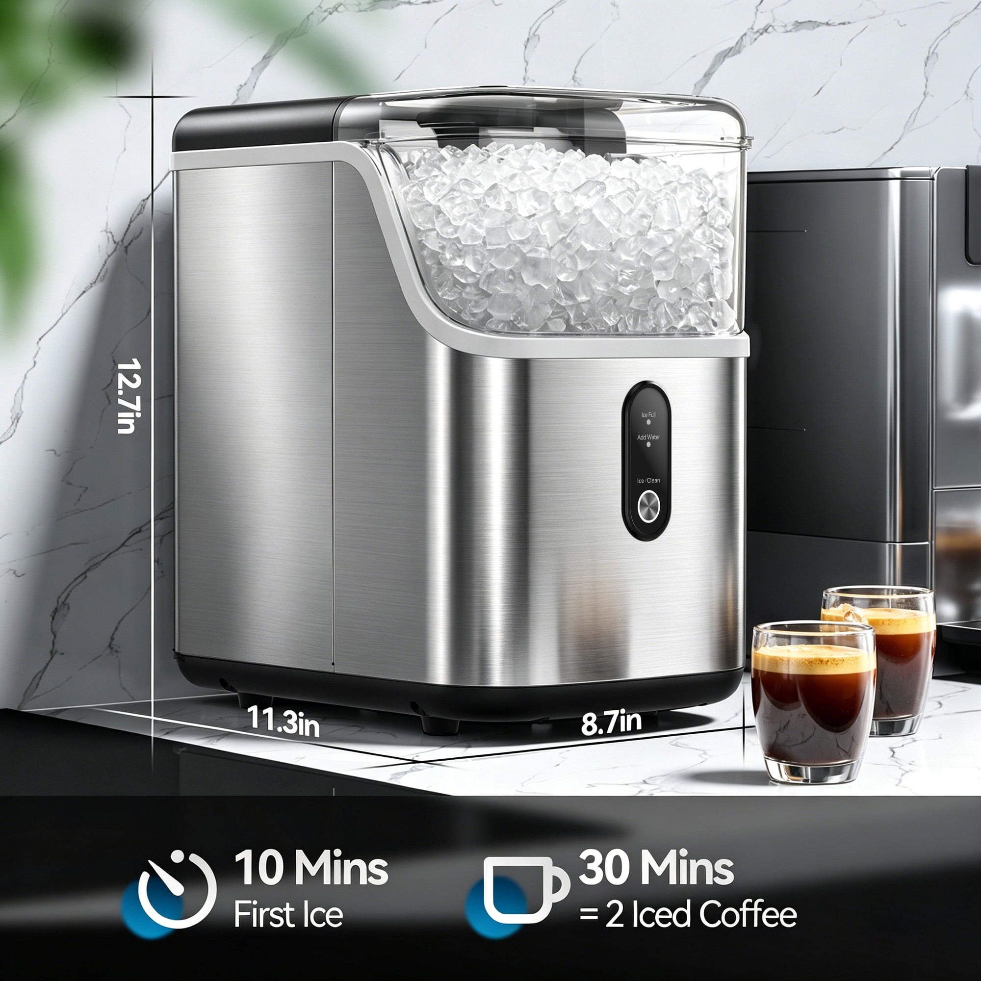 Qunler Countertop Nugget Ice Maker Machine, 33lb/Day Soft Chewable Pebble Crushed Portable Ice Maker, Stainless Steel