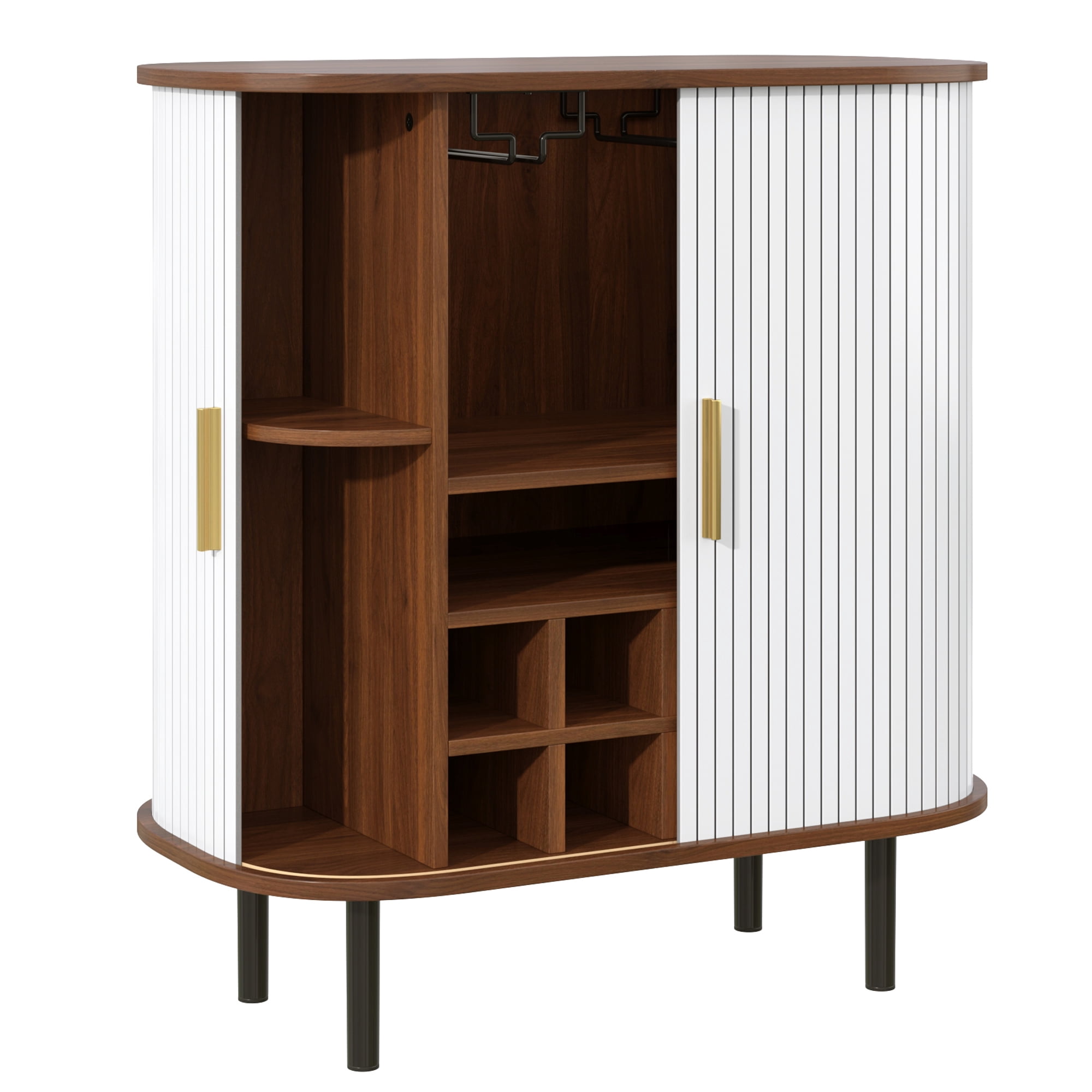 Euroco 28" Wine Bar Cabinet, Standing Liquor Cabinet with 8 Wine Racks,2 Glass Holders,Sliding Doors & Side Hidden Storage Space,Coffee Bar Cabinet with Adjustable Shelves for Kitchen Dining Room