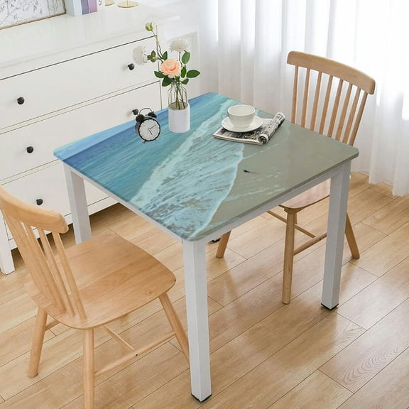 HAOXIT Beach Square Tablecloth, Waterproof Fitted Table Cloth for Outdoor Indoor Picnic, Summer Theme Wipeable Elastic Polyester Table Cover, Fits Tables Square white