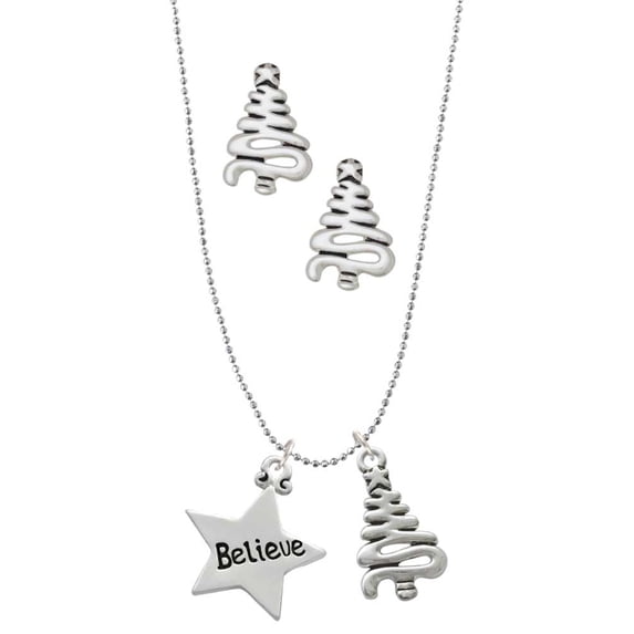 Delight Jewelry Silvertone Believe Star Silver tone Zig Zag Christmas Tree Charm Necklace and Stud Earrings