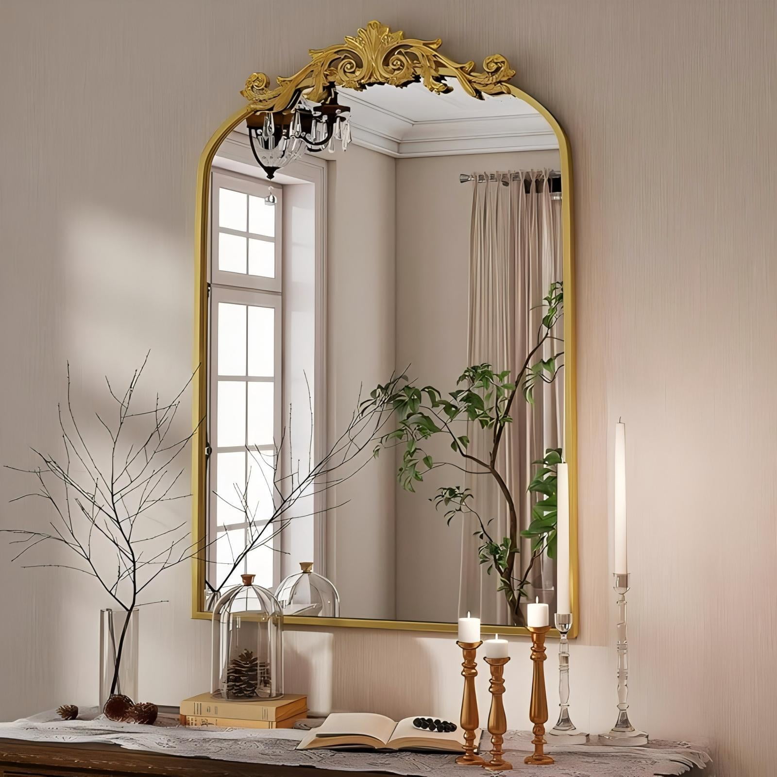 Mirrasia 36" x 24" Vintage Arched Wall Mirror Retro Metal Frame Vanity Mirror with Carved Top, Gold