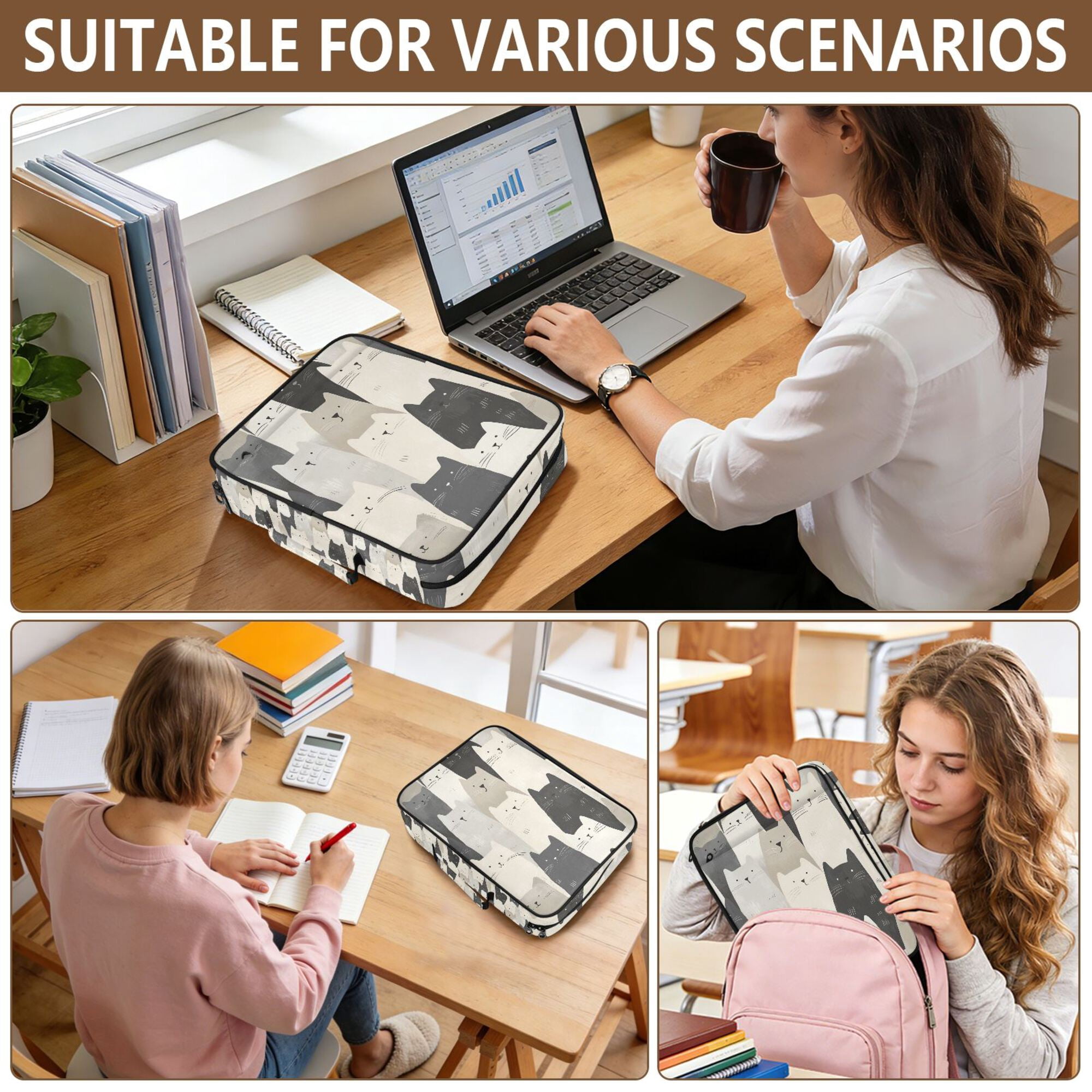 FORMRS Accordion File Folder A4 Size 7-Pocket Expanding Document Organizer Bag with 3 Ring Binder, White Cute Cats
