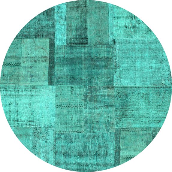 Ahgly Company Machine Washable Indoor Round Patchwork Turquoise Blue Transitional Area Rugs, 3' Round