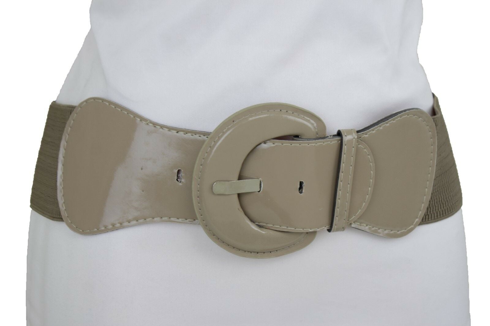 Women Wide Beige Faux Leather Elastic Band Belt Silver Round Rings Buckle S M 