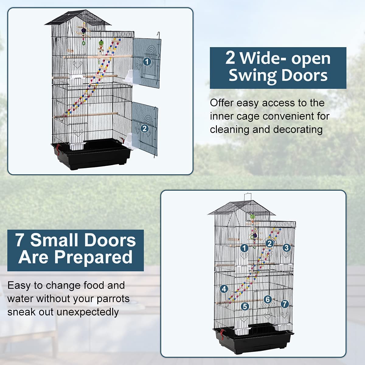 Dkeli 39"H Parrot Cage Metal Large Roof Top Bird Cage Double-Door Parakeet Cage with Ladder and Swing, Black
