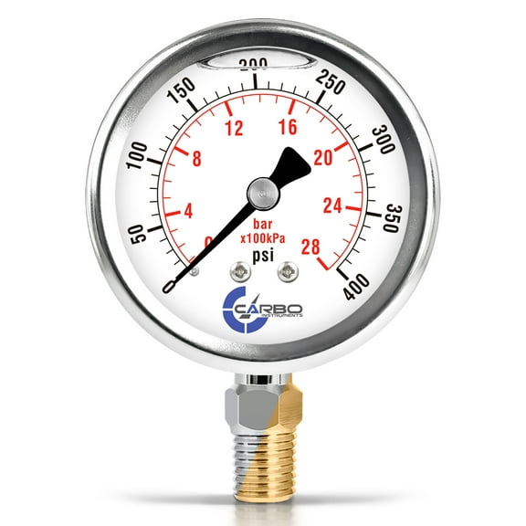 CARBO Instruments 2 1-2" Pressure Gauge, Stainless Steel Case, Chrome Plated Brass Connection, Lqiuid Filled, 0-400 psi/kPa, Lower Mount 1/4" NPT