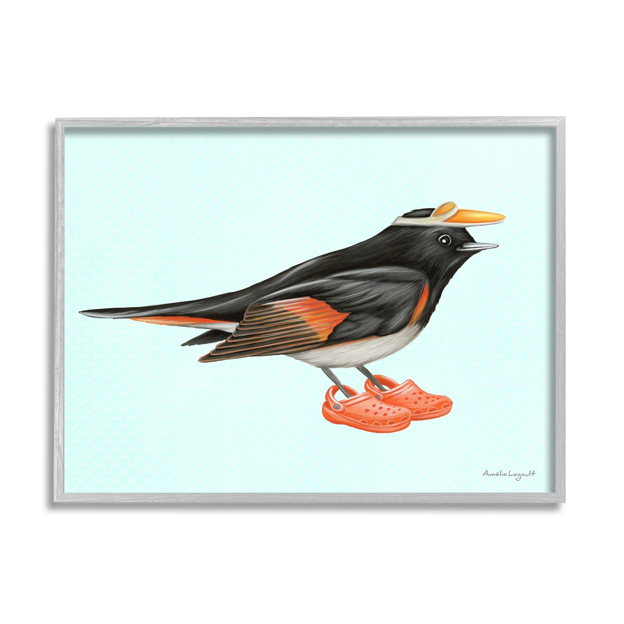 Stupell Industries Black Orange Bird Wearing Rubber Clogs Visor Graphic Art Gray Framed Art Print Wall Art, Design by Amelie Legault