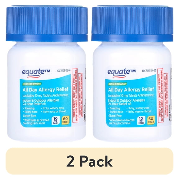 (2 pack) Equate Gluten-Free Loratadine Allergy Medicine Tablets for Allergy with 60 Count Compare to Claritin 10 mg