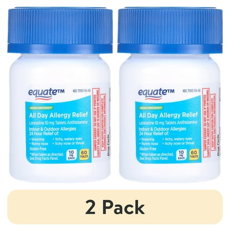 (2 pack) Equate Non-Drowsy All Day Allergy Relief Loratadine 10 mg Tablets Antihistamine, 60 Count, Compare to Claritin® 24 Hour Active Ingredient