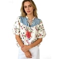 thumbnail image 3 of Women's Casual Boho Blouse - Tie Neck Tassel Accent Striped Yoke Puff Sleeve Summer Top for Vacation & Everyday Wear, 3 of 5
