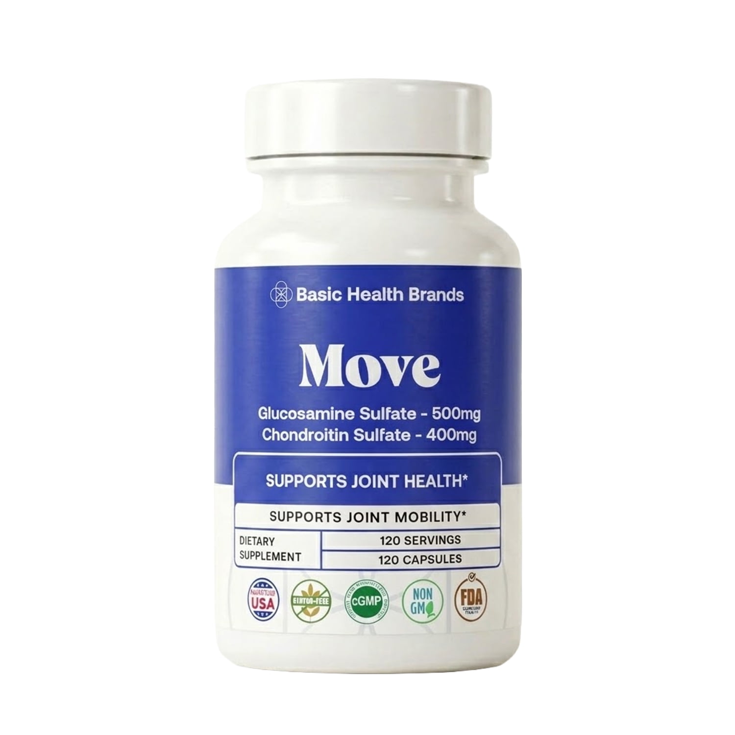 Basic Health Brands Move Pureflex Glucosamine Chondroitin for Bone & Joint Health - 120 Capsules