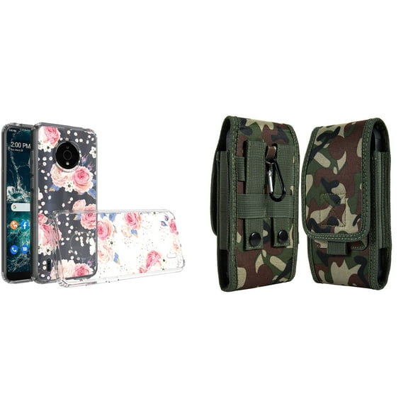Case and Pouch Bundle for Nokia C200: Slim Series TPU Protector Case (Vintage Pink Floral) and Vertical Rugged Nylon Belt Holster (Green Camo)