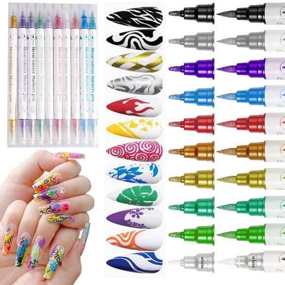 Dwellin Nails Art Pens Set 10 Colors Double Ended Quick Dry Nail Polish Markers DIY Drawing Painting Liner Dotting Manicure Pen