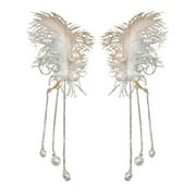HPDDIN Big White Feather Ear Cuff Elegant Pearl Beads Long Tassel Clip Earrings Party Festival Jewelry for Non-Pierced Ears