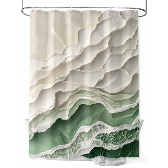 Abstract Green Shower Curtain, Beige Ocean Wave Oil Painting Style Modern Waterproof Shower Curtain Set with 12 Hooks Lightweight Washable Fabric Shower Curtains for Bathroom 60x72 Inches