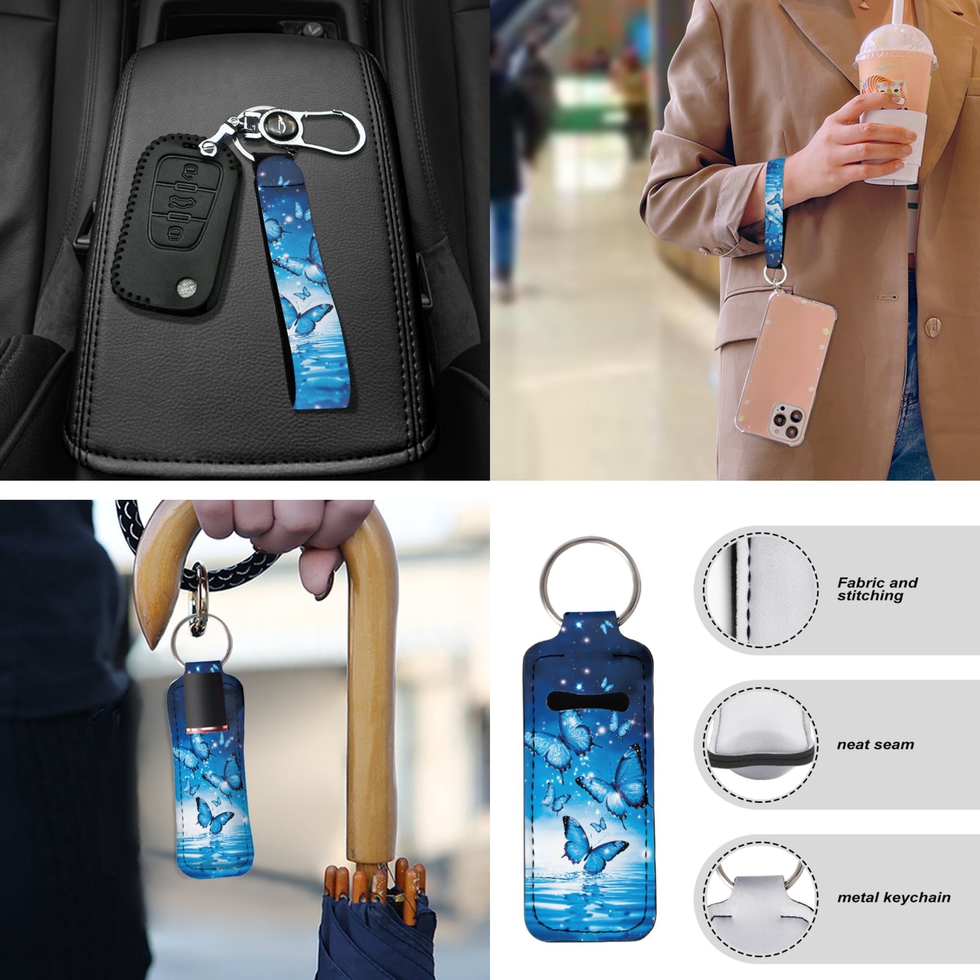 Jeiento Sparkling Butterfly Car Seat Cover Full Set with Steering Wheel Cover Seat Belt Strap Pads Armrest Pad Coasters Keychain Lipstick Holder Blue 13 PCS Automobile Accessory Interior Decor
