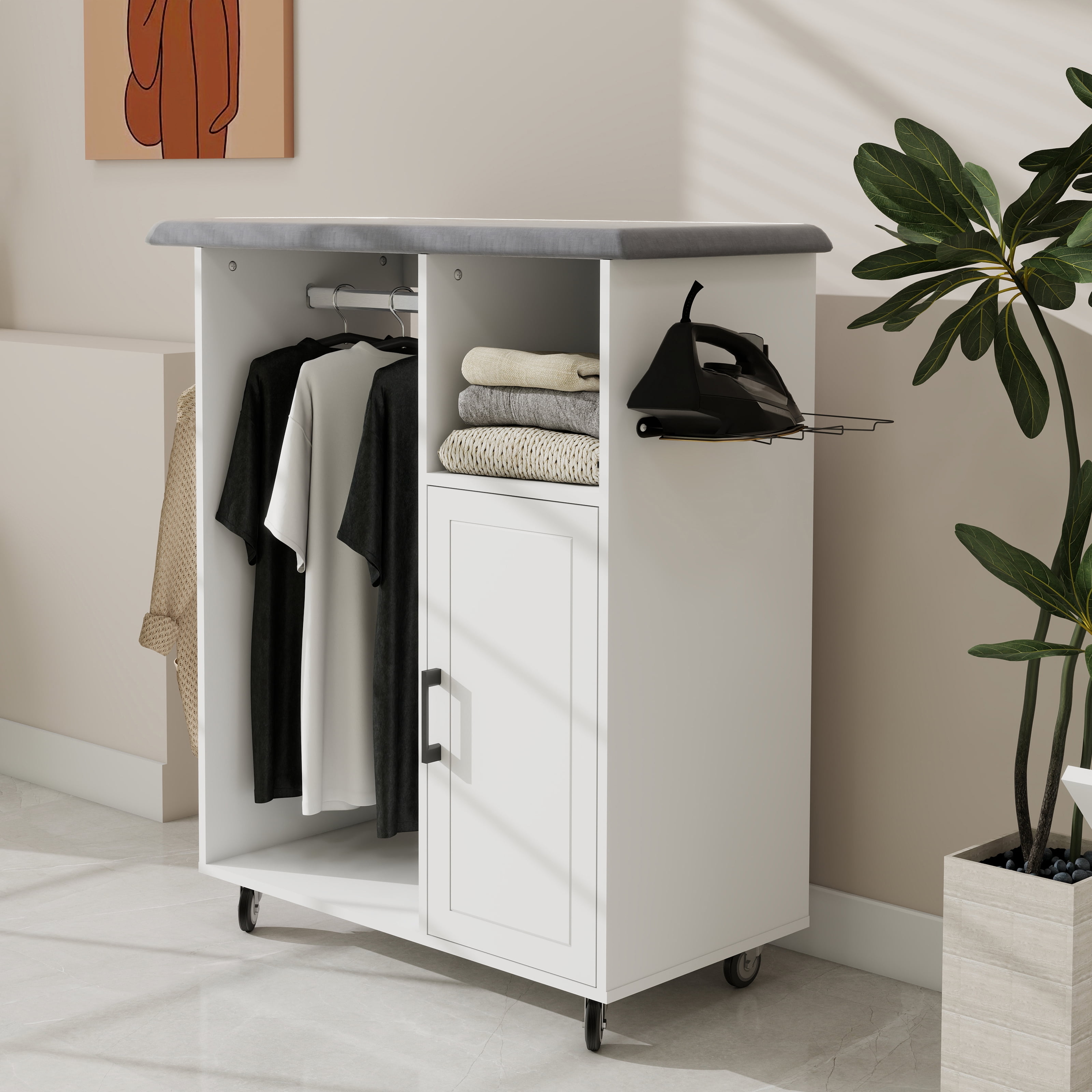 Ironing Cart with Rolling Ironing Board, Multipurpose Ironing Cabinet with Wheels, Compact Ironing Solution for Laundry Room, Bedroom,Cloakroom