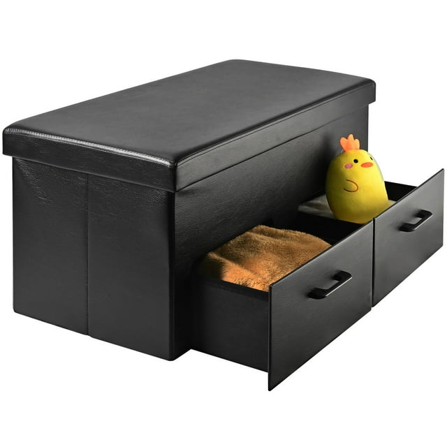 31 Inches Folding Storage Ottoman with 2 Drawer, Storage Ottoman Bench Chest Foot Rest Stool, Black