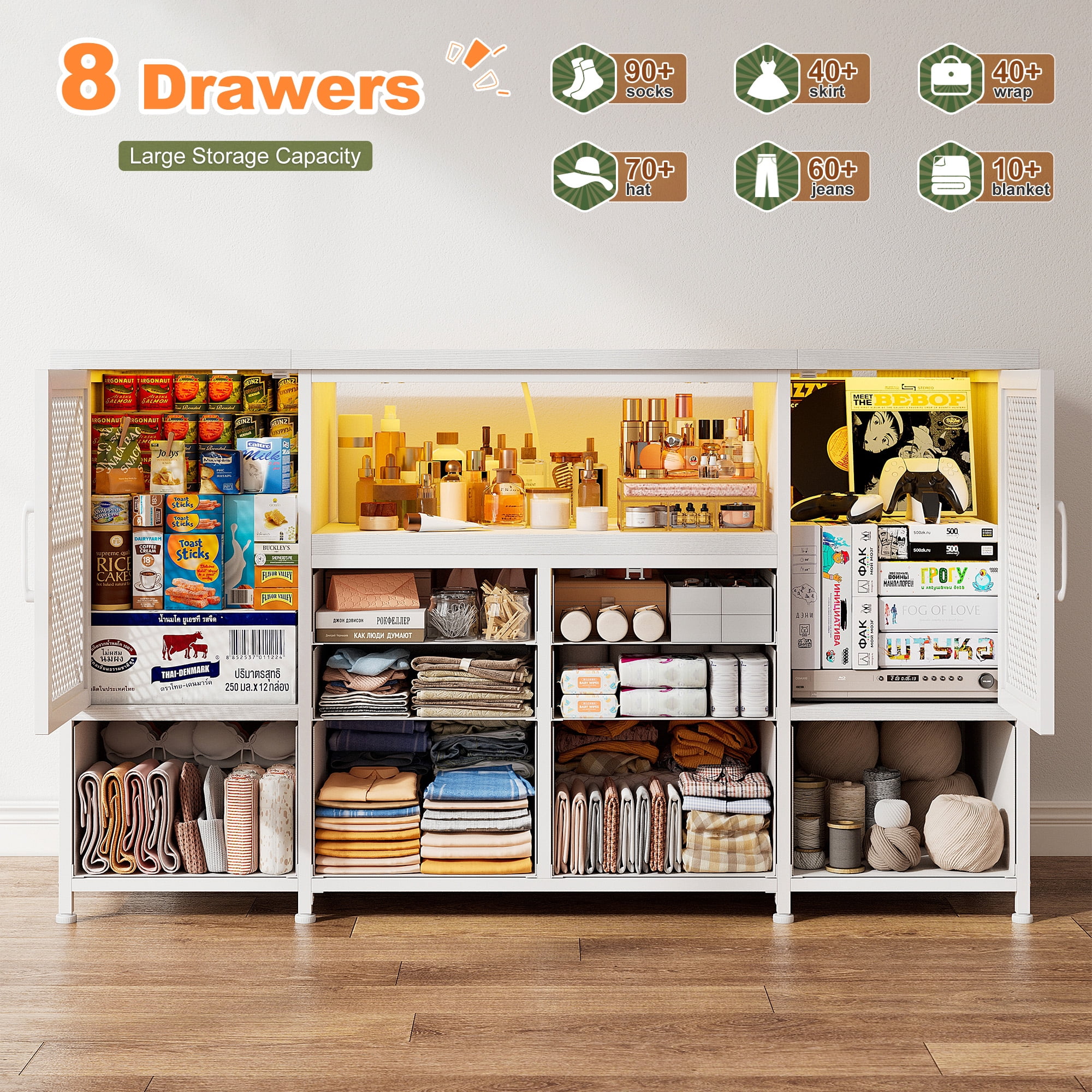 Romorgniz White Dresser for Bedroom with 8-Drawers,TV Stand for 60"TV with LED Lights & Power Outlets,Mesh Door