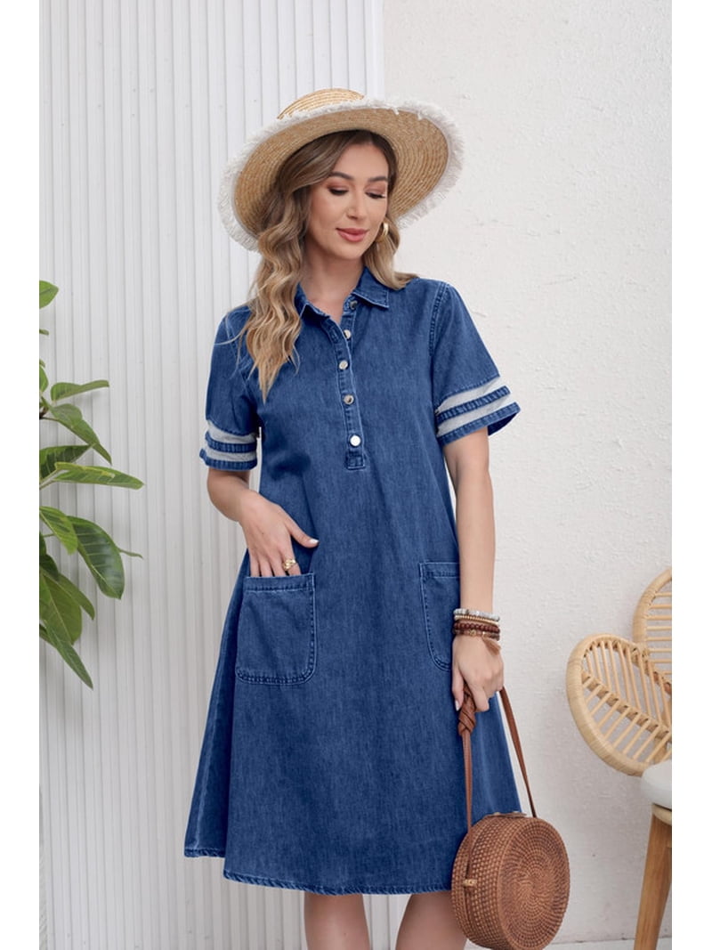 utcoco Denim Dress for Women 2026 Casual Tulle Short Sleeve Button Jean Midi Dress with Pockets