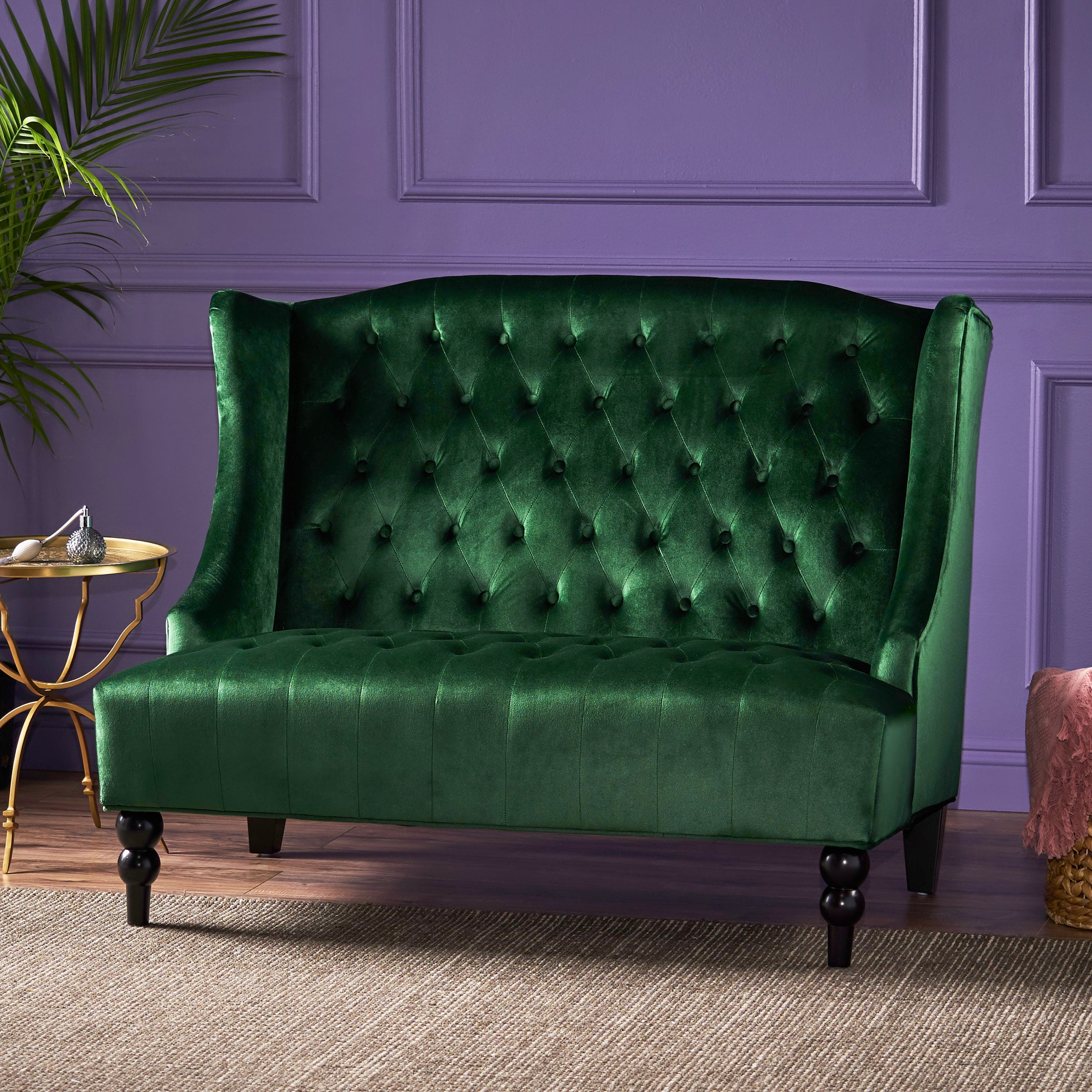 Leona Modern Glam Tufted Velvet Wingback Loveseat, Emerald and Dark