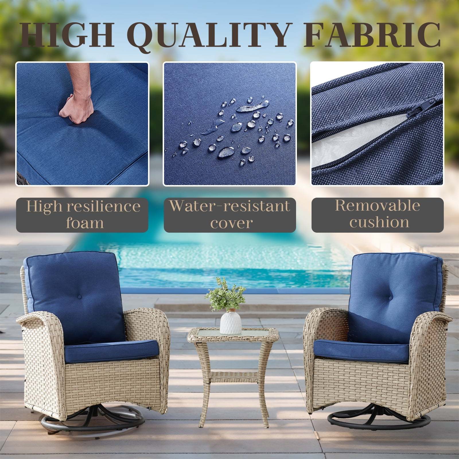 PARKWELL 3 Pieces Outdoor Swivel Gliders Rocker Set,High Back Wicker Patio Chairs with Side Table,Light Gray Rattan Deep Seating Furniture with Non-Slip Navy Cushion for Porch Deck Backyard