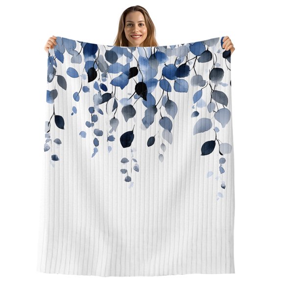 Blue Eucalyptus Leaves Throw Blanket, Flannel Fleece Blanket with Striped Design for Couch, Summer Botanical Watercolor Soft Breathable All Season Plush Blankets for Sofa Office Bed 50"x60"